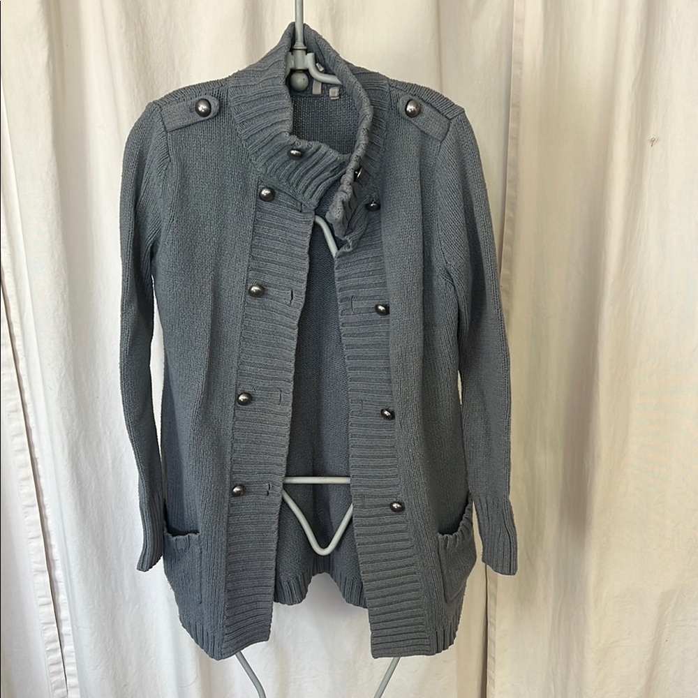 Caslon Gray and Blue Cardigan Sweater military style